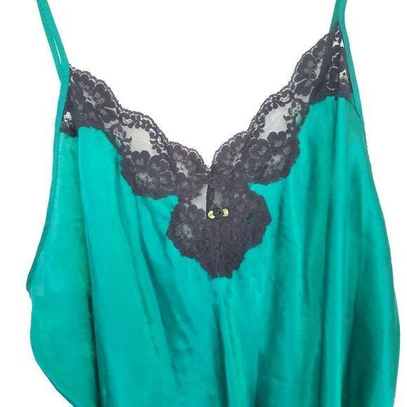 Vintage Intimate Pleasures Emerald Green Mini 90’s Satin Lace Trim Slip Dress XL - Picture 3 of 10